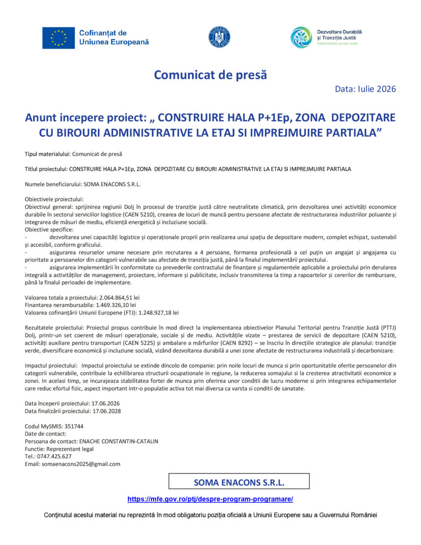 Press release document header with EU flag, Romanian government seal, and project title in Romanian