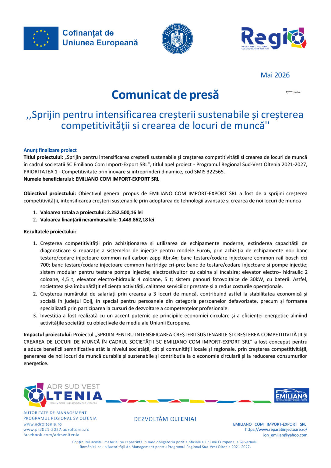 Comunicat de presa finalizare proiect