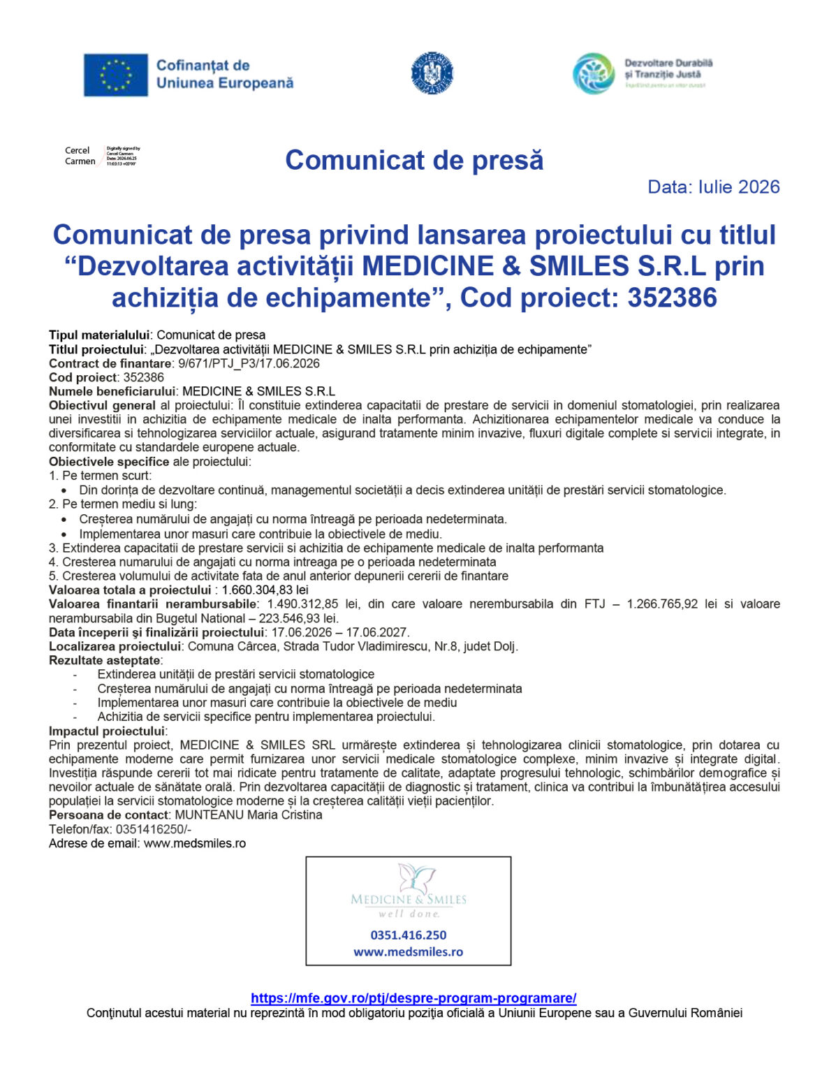 Press release page header with EU and partner logos and the Romanian title 'Comunicat de presă' (Date: Iulie 2026).