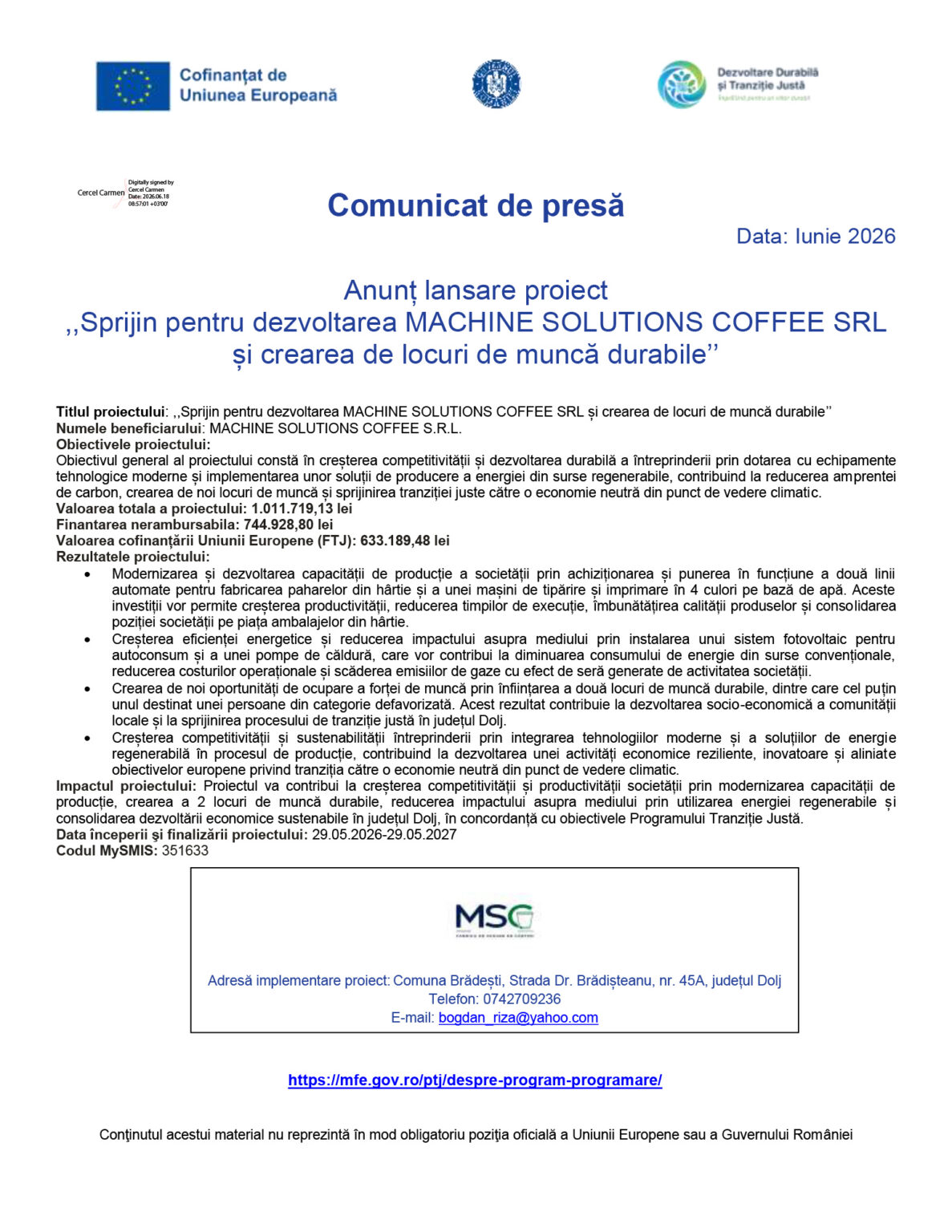 Press release header with EU and partner logos, large blue Romanian title 'Comunicát de presă' and project details (June 2026).