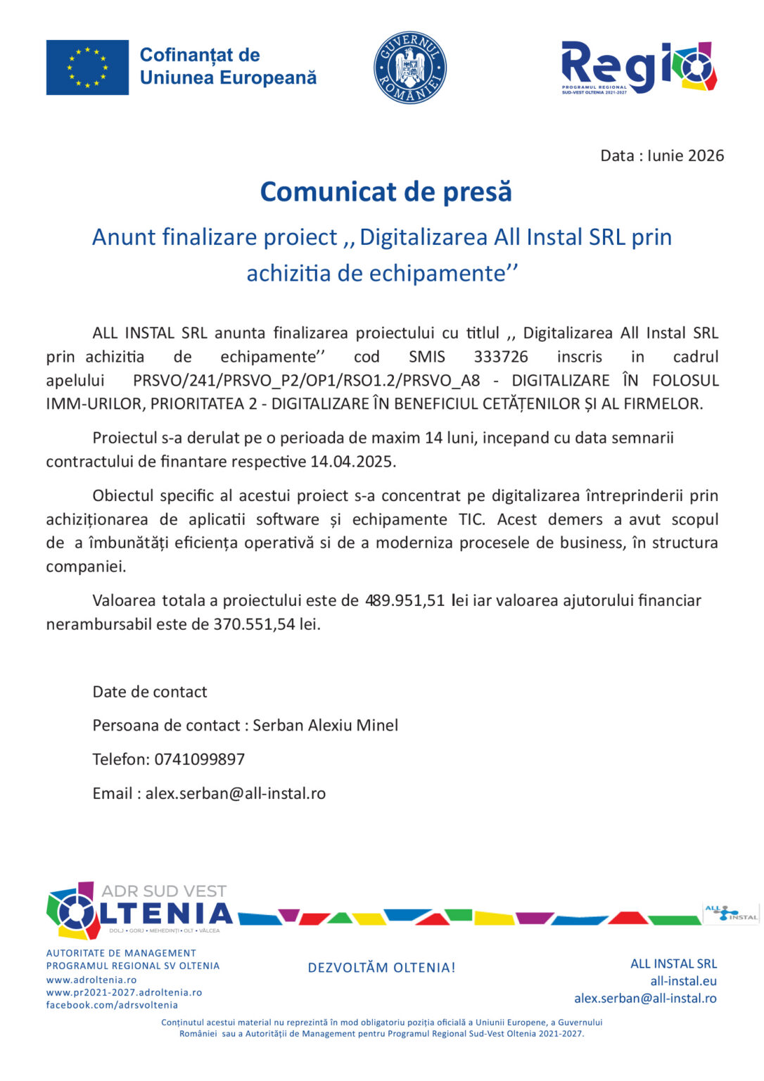 Press release document header with EU and regional program logos and the title 'Comunicat de presă' (June 2026).