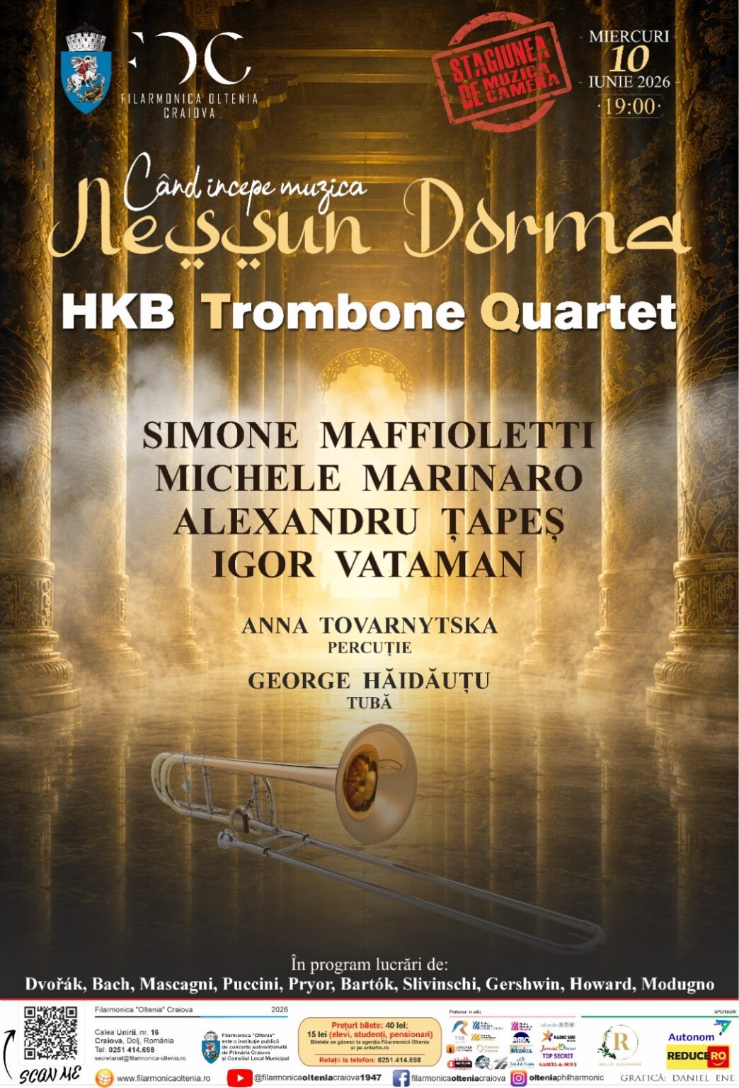 Golden-hued concert poster featuring a trombone on a marble floor, with performer names and Romanian event details in the foreground.