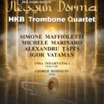 Golden-hued concert poster featuring a trombone on a marble floor, with performer names and Romanian event details in the foreground.