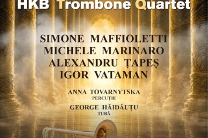 Golden-hued concert poster featuring a trombone on a marble floor, with performer names and Romanian event details in the foreground.