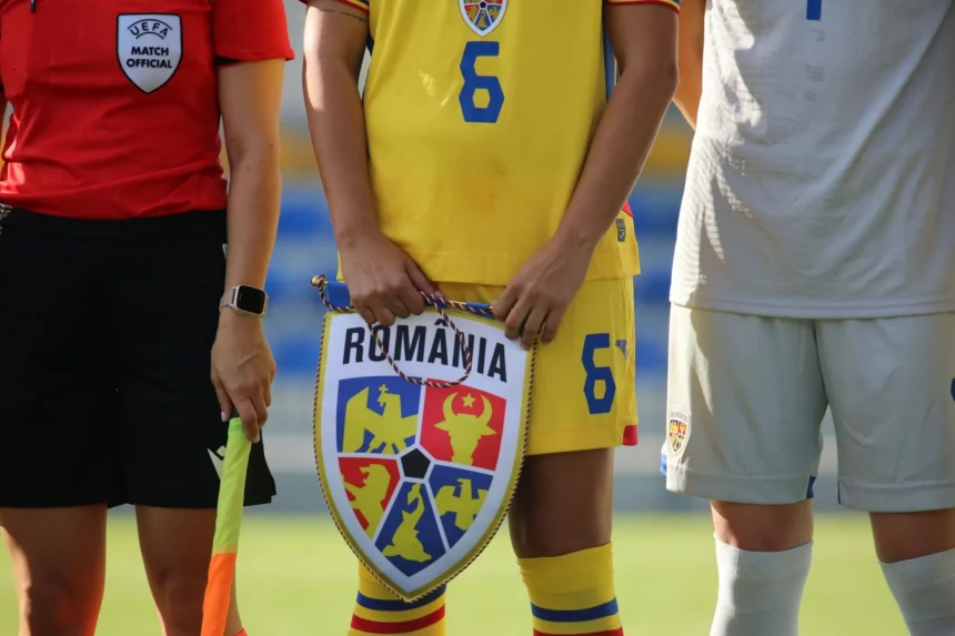 Three soccer players standing side by side: red referee shirt, yellow Romania kit, and gray kit, with the central player holding a shield badge reading ROMANIA.