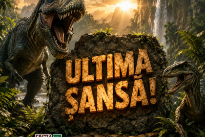 Dinosaurs roar in a jungle with a sunlit rocky sign reading 'Jurassic' at the center.
