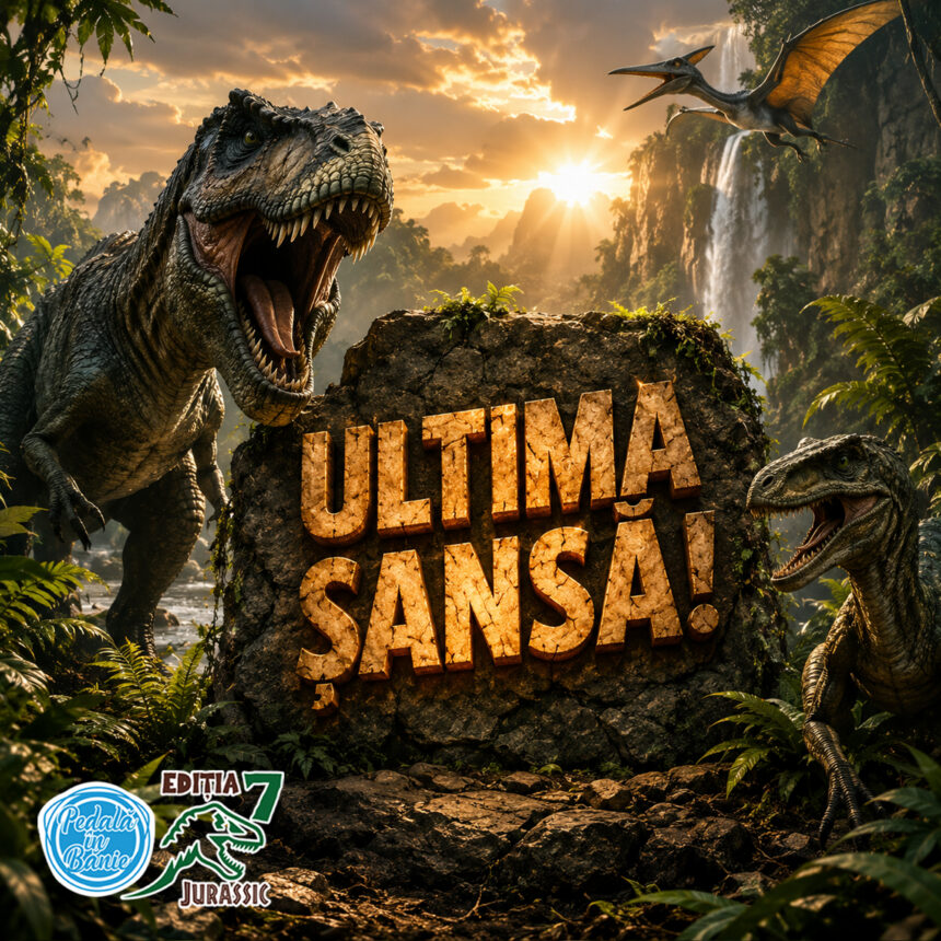 Dinosaurs roar in a jungle with a sunlit rocky sign reading 'Jurassic' at the center.