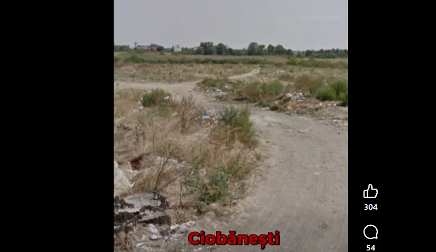 Screenshot 2026-06-15 114837 - Jurnalul Olteniei – Știri din Craiova și Oltenia Dry, dusty path through a littered, overgrown field with sparse vegetation and distant houses on the horizon; red text 'Ciobanesti' at the bottom.