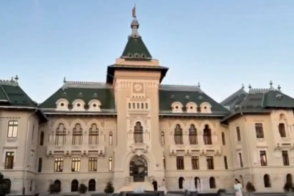 Grand beige city-building with a central tower, green roofs, and arched windows against a clear blue sky.