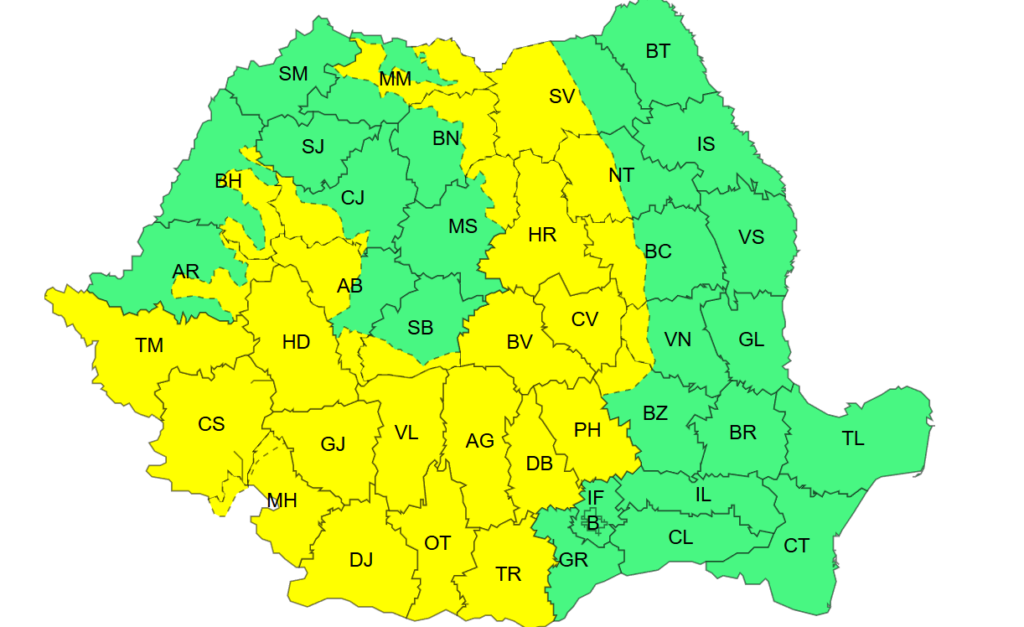 Map of Romania's counties colored yellow and green, with county abbreviations shown (e.g., AB, BV, CL, TL). Two color groups indicate categories or regions.