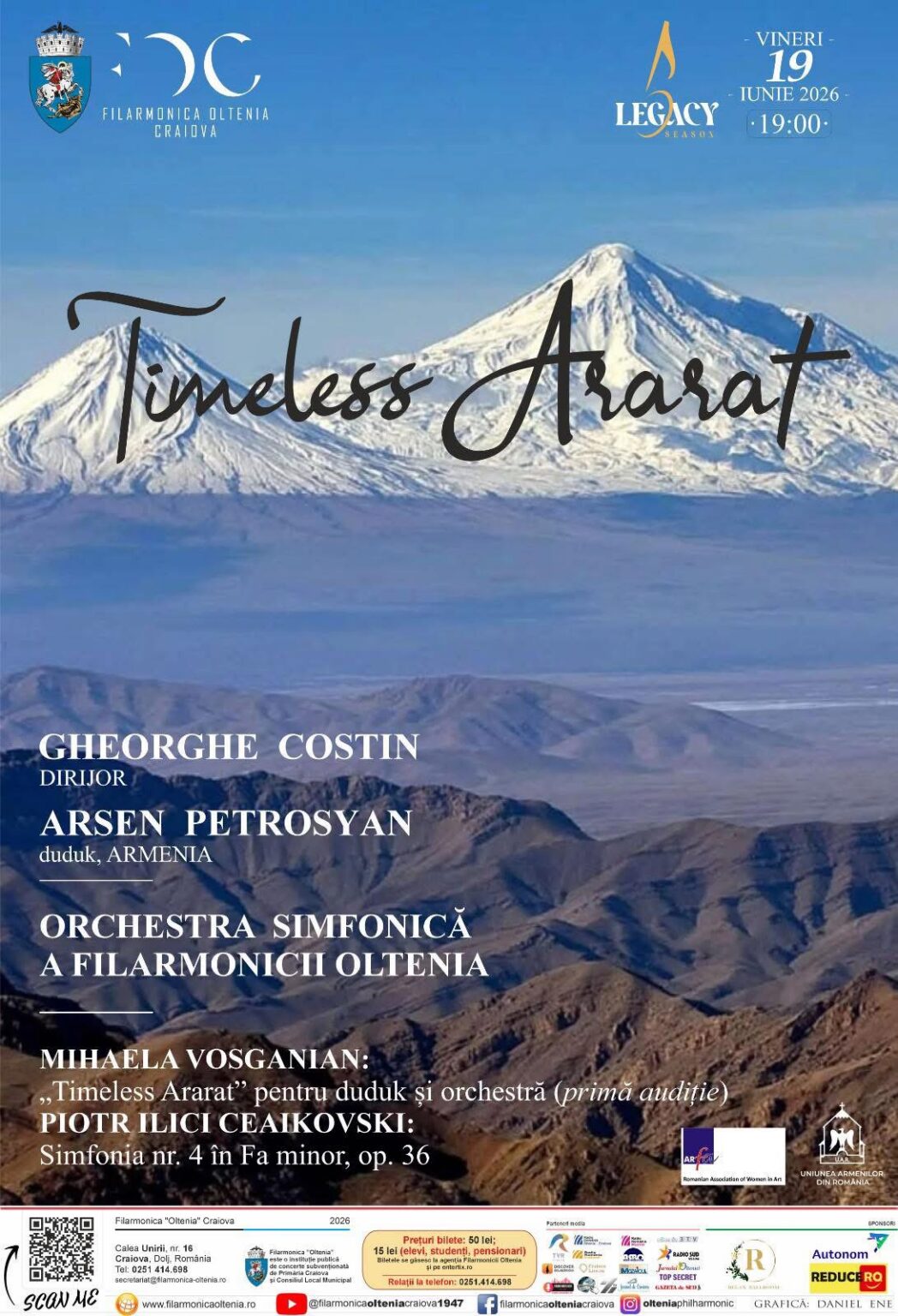 Poster advertising 'Timeless Ararat' concert with a snowy mountain backdrop, center-script title, and performer/orchestra names listed beneath.