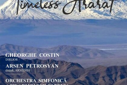 Poster advertising 'Timeless Ararat' concert with a snowy mountain backdrop, center-script title, and performer/orchestra names listed beneath.