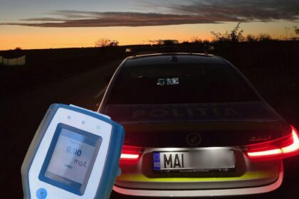 Handheld breathalyzer device held in front of a police car at sunset; the screen shows a 0.0 mg/L reading.