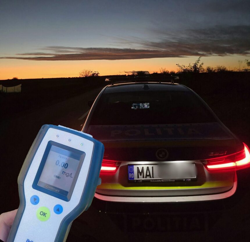 Handheld breathalyzer device held in front of a police car at sunset; the screen shows a 0.0 mg/L reading.