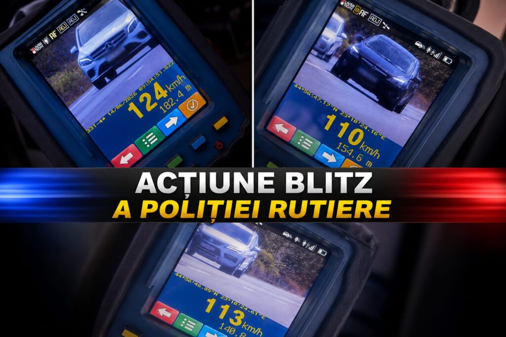 Montage of three in-car radar displays used by traffic police showing speeds 124 km/h, 110 km/h, and 113 km/h.