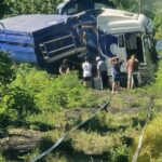 Blue and white freight train derailed on overgrown tracks with a group of people inspecting the wreckage nearby.