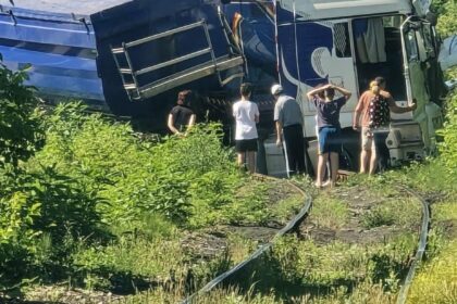Blue and white freight train derailed on overgrown tracks with a group of people inspecting the wreckage nearby.