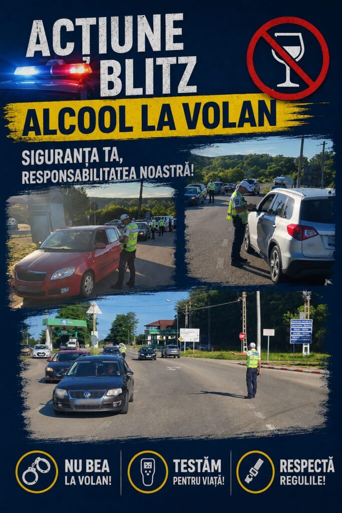 Public safety poster about drinking and driving with police checkpoints; vehicles are stopped and officers check drivers, text promotes sobriety and rule compliance in Romanian.