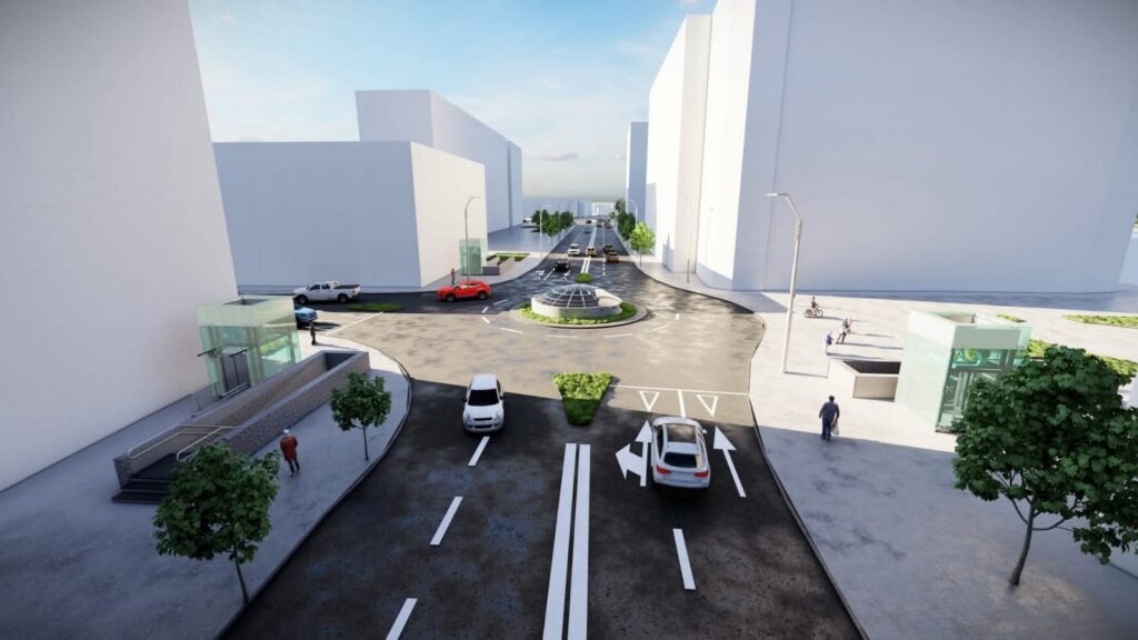 Urban intersection with a circular central island and glass-domed feature, surrounded by tall white buildings and parked cars in a sunny day render