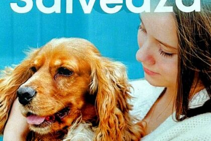 Poster promoting dog adoption: a woman holding a golden dog against a blue background with event details in Romanian (Adoptă Salvează).