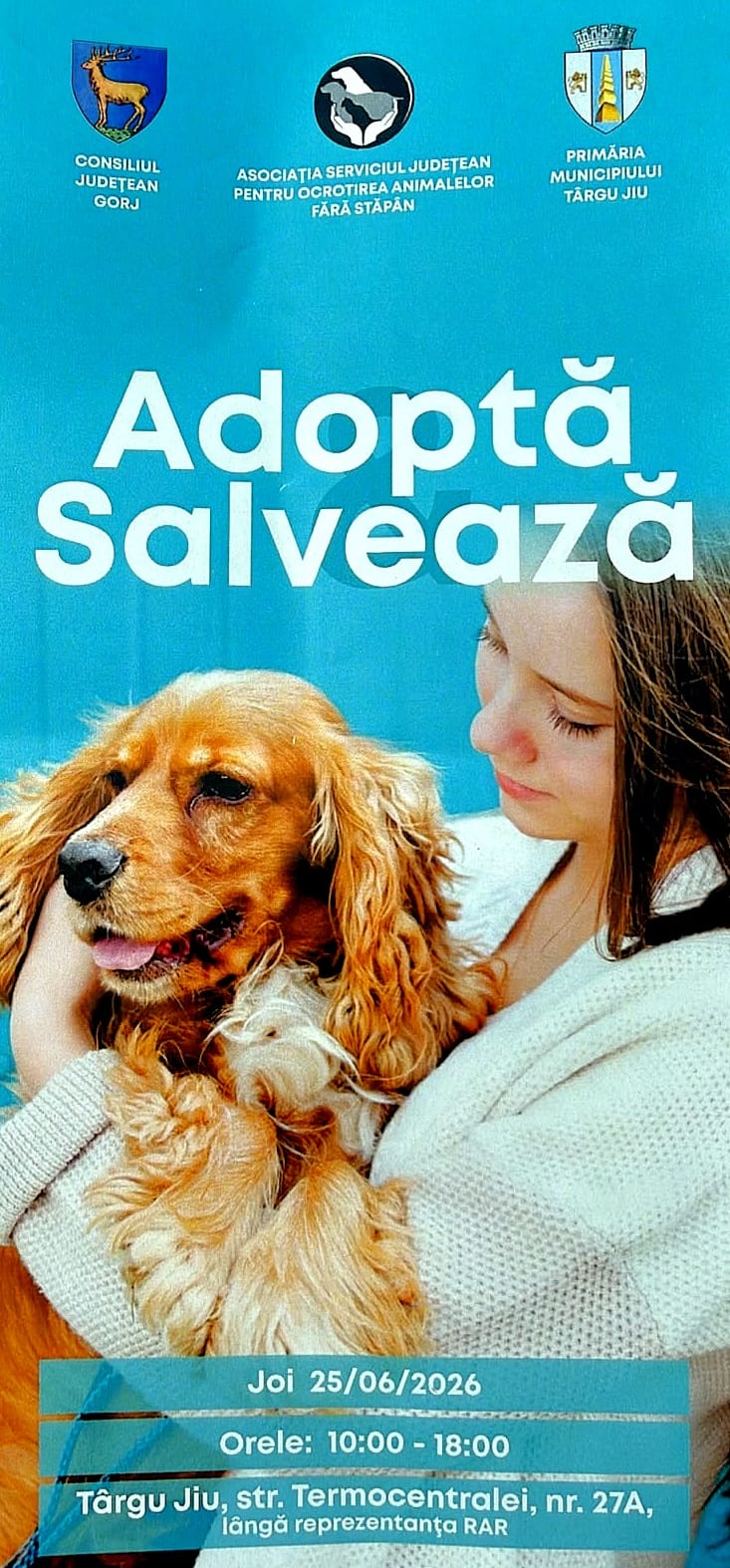 Poster promoting dog adoption: a woman holding a golden dog against a blue background with event details in Romanian (Adoptă Salvează).