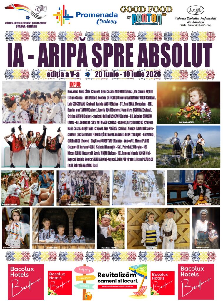 Event poster for IA - ARIPA SPRE ABSOLUT (Craiova 2026) featuring photos of performers in traditional Romanian costumes and sponsor logos.