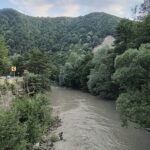 Rugged river flowing through a green valley with forested hills and a road on the left, yellow warning signs visible by the water's edge