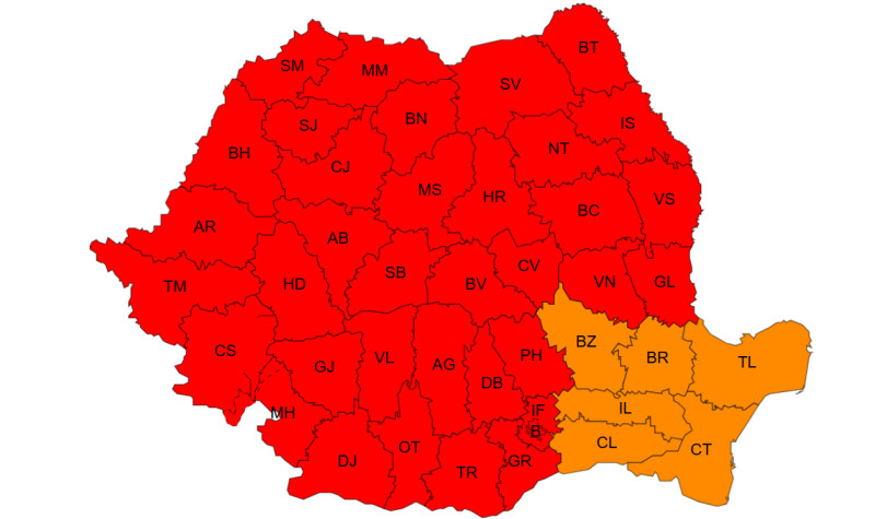 Map of Romania showing counties; most counties are red, southeastern counties are orange, with two-letter abbreviations on each region.