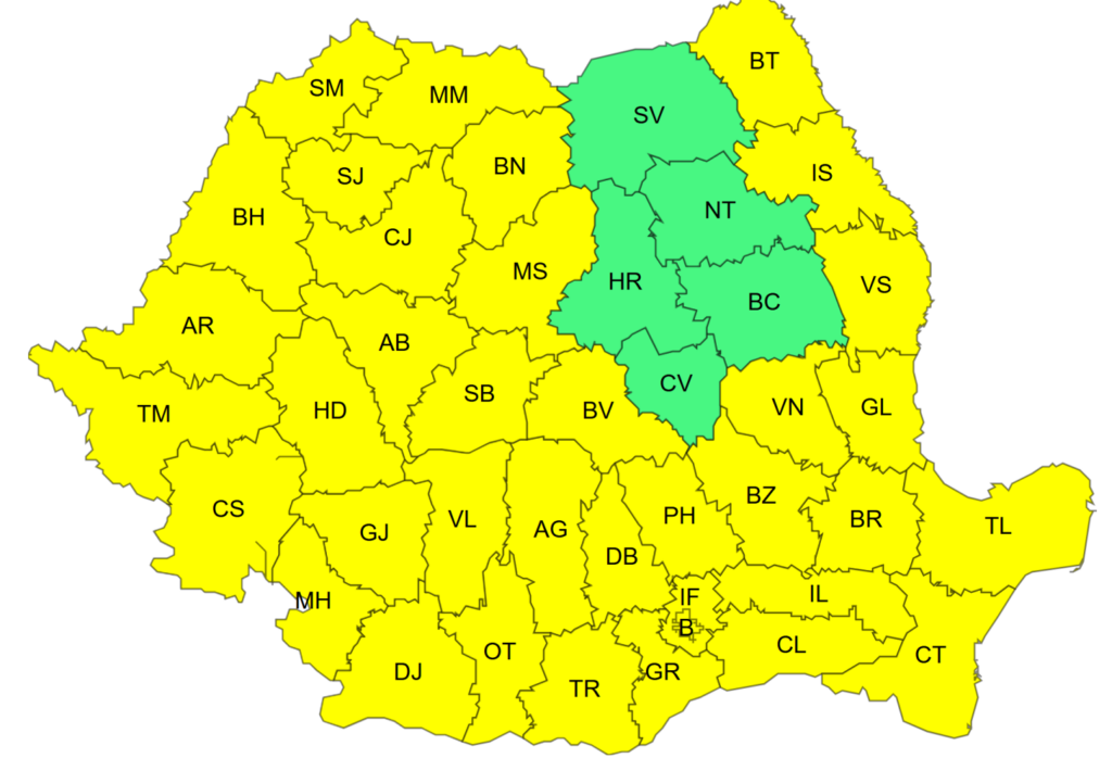 Map of Romania's counties; most are yellow, with a central-right cluster (SV, NT, HR, BC, CV, BV) shaded green to indicate a region of interest.