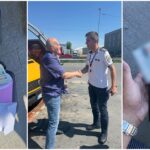 Three-panel collage: left shows euro banknotes and a pink folder on a car seat; center a man in casual clothes shakes hands with a uniformed officer near a yellow vehicle; right a hand holds a wallet with cash.