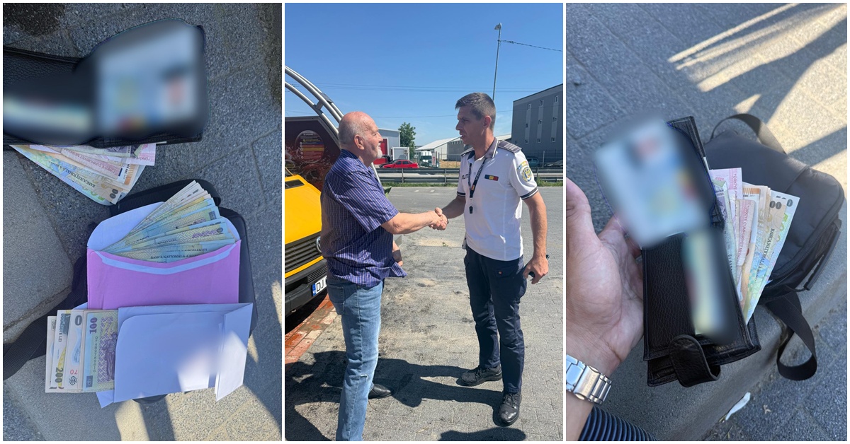 Three-panel collage: left shows euro banknotes and a pink folder on a car seat; center a man in casual clothes shakes hands with a uniformed officer near a yellow vehicle; right a hand holds a wallet with cash.
