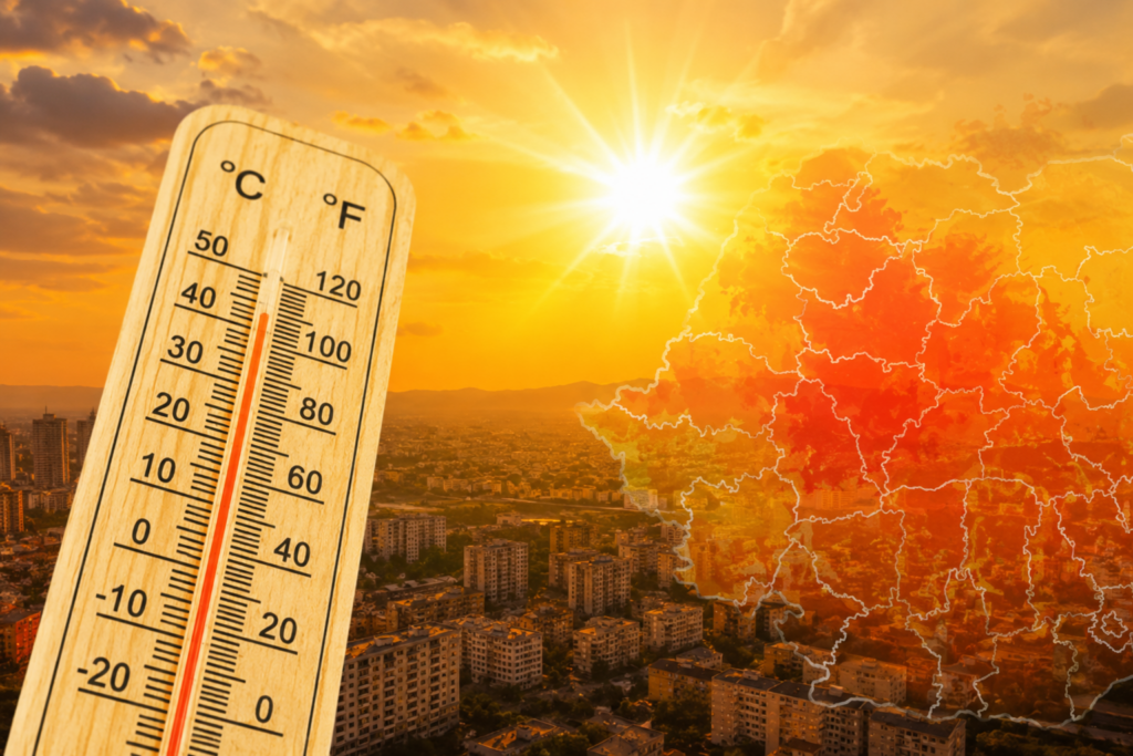 Wooden thermometer showing very high temperatures beside a sunlit cityscape and an orange heat-map overlay of a country on the right.