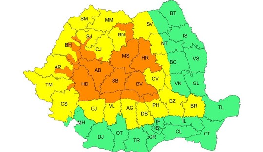 Map of Romania with counties color-coded: orange in the center, yellow in the west, and green in the east and south.