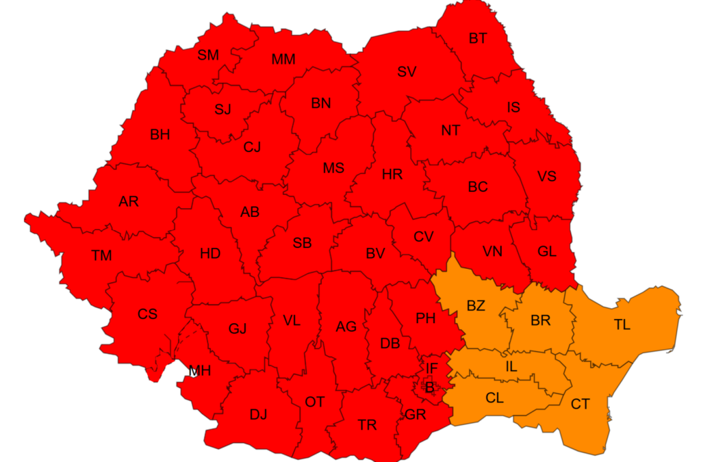 Map of Albania's counties with red shading across most regions and orange shading in the southeast; county codes (e.g., AR, BH, CJ) are shown.