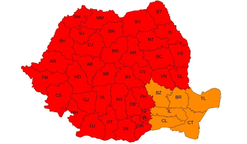 Regional map with red-shaded areas covering most regions and orange-shaded southeastern regions, each labeled with two-letter codes.