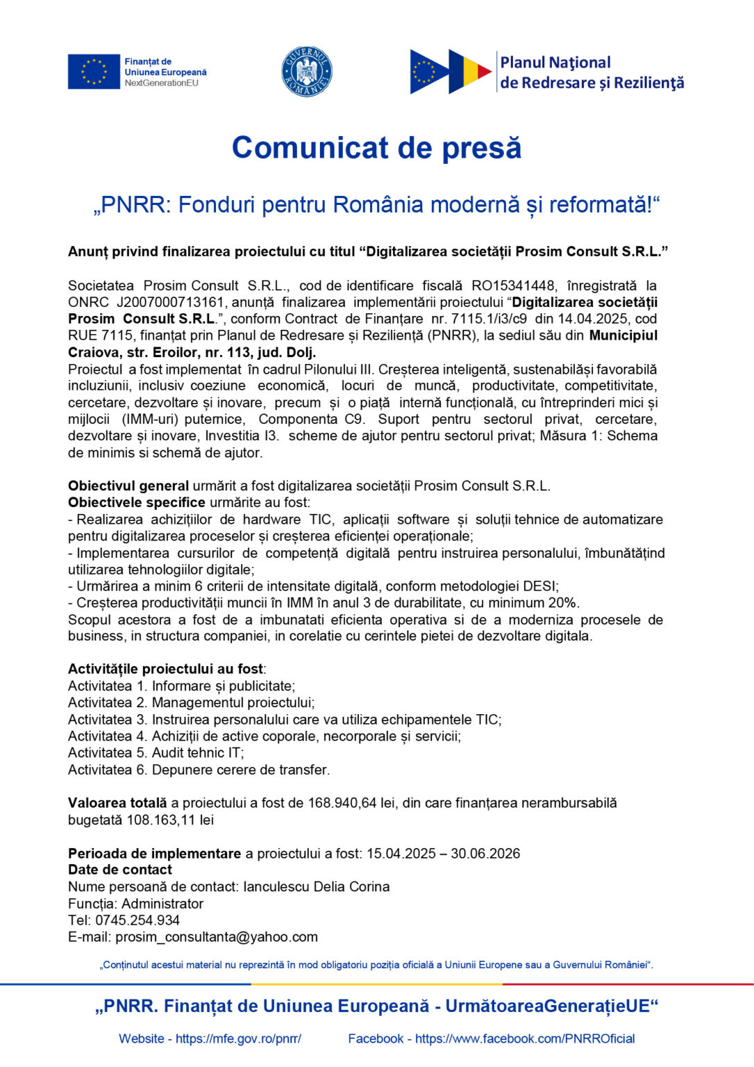 Header image showing EU and Romanian government logos with the large blue title 'Comunicat de presă' and subtitle 'PNRR: Fonduri pentru România modernă și reformată' (press release header).