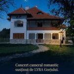 Poster for 'Seri la Vila Luna': a lit villa at night with a crescent moon, advertising a romantic chamber concert by LYRA Gorjului, June 18, 2026, in Bălănești.