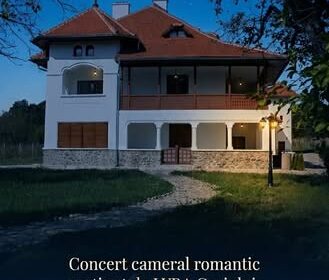 Poster for 'Seri la Vila Luna': a lit villa at night with a crescent moon, advertising a romantic chamber concert by LYRA Gorjului, June 18, 2026, in Bălănești.