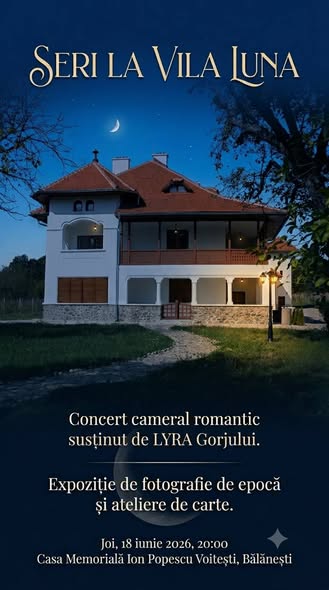 Poster for 'Seri la Vila Luna': a lit villa at night with a crescent moon, advertising a romantic chamber concert by LYRA Gorjului, June 18, 2026, in Bălănești.