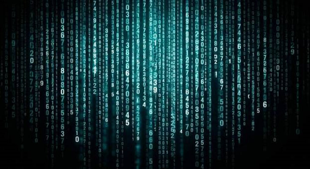 don 1 - Jurnalul Olteniei – Știri din Craiova și Oltenia Tall streams of glowing teal digits cascade down a dark background, evoking a digital data stream.