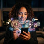 Woman smiling at her phone with a holographic display of casino icons (roulette wheel, cards, chips) floating above the screen.