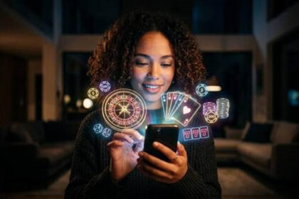 Woman smiling at her phone with a holographic display of casino icons (roulette wheel, cards, chips) floating above the screen.