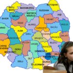 Colorful map of Romania's counties with names, overlaid by a student using a laptop in the foreground.