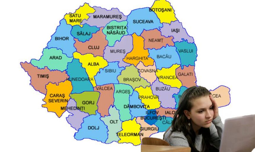Colorful map of Romania's counties with names, overlaid by a student using a laptop in the foreground.