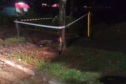 Night-time outdoor scene with a tree fenced off by red-and-white tape and a yellow post, cordoning off a muddy patch near a curb.