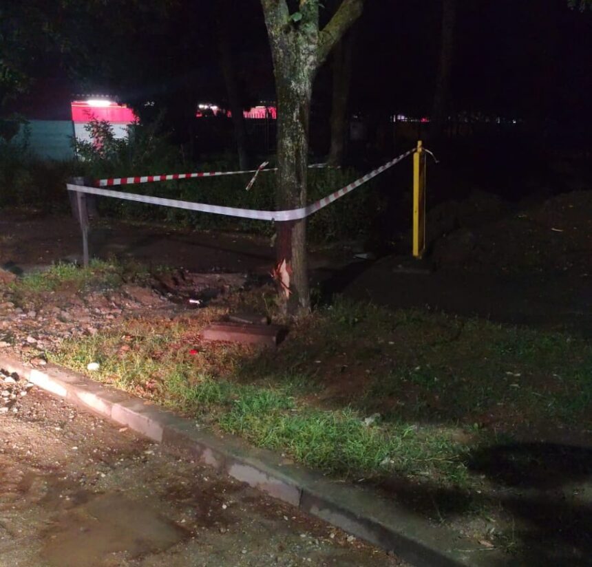 Night-time outdoor scene with a tree fenced off by red-and-white tape and a yellow post, cordoning off a muddy patch near a curb.