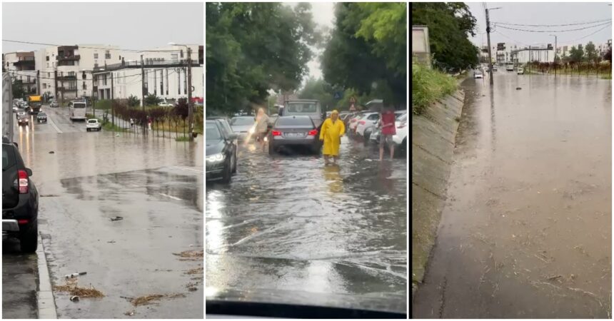 City street heavily flooded after rain, with cars and debris in water along the curb.