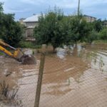 Flooded yard with muddy water up to tree bases and a yellow excavator arm in the foreground.