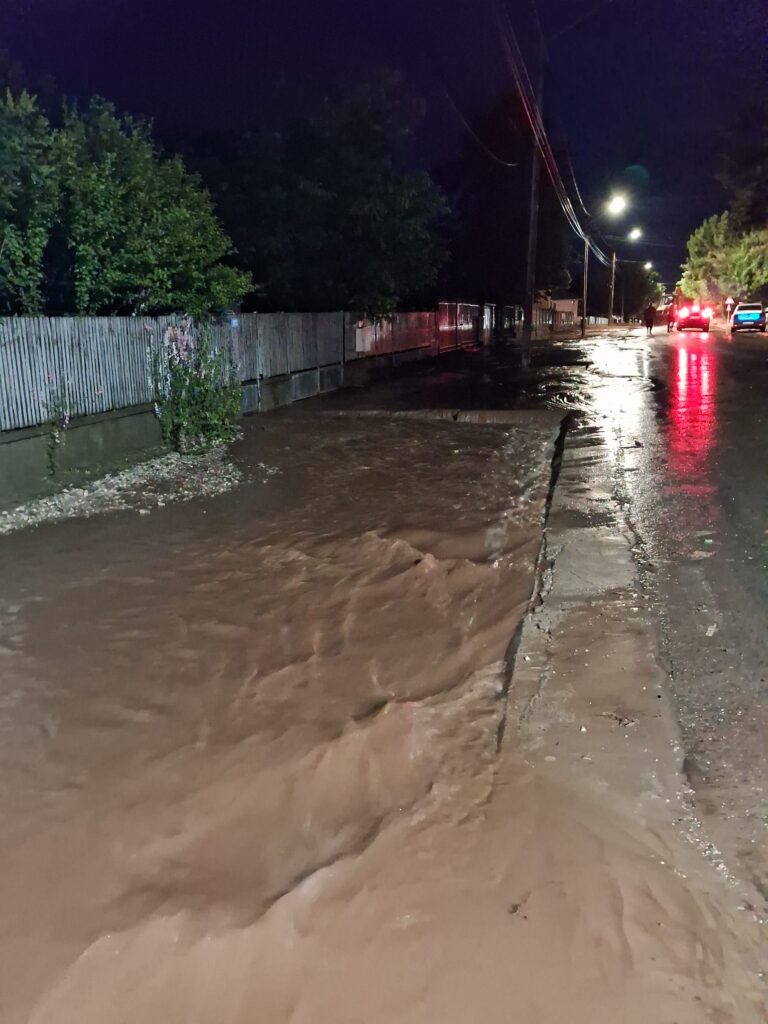 Nighttime street scene with muddy floodwater covering the road and curb, red taillights reflecting on the wet surface, left-side fence and trees visible.