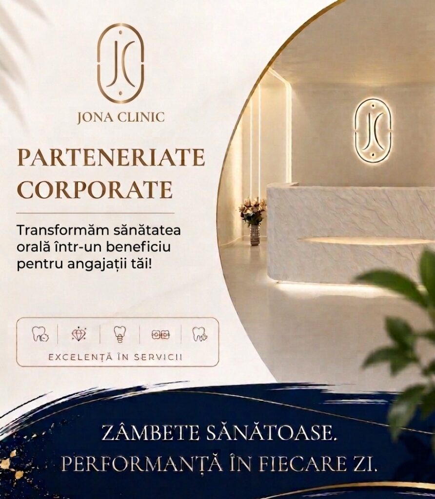 Poster for Jona Clinic advertising corporate partnerships, with the Romanian slogan and a reception area in soft lighting.